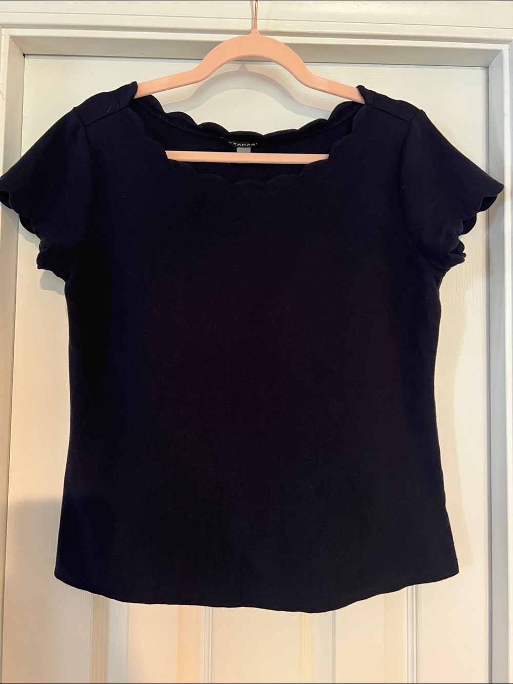 Tahari Deep Navy Scallop-Neck and Sleeve Short Sleeve Knit Blouse